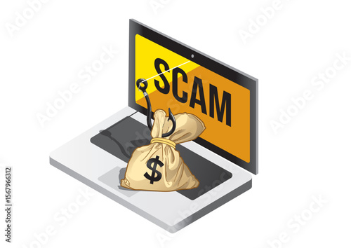 Illustration of a phishing scam with a money bag being pulled from a computer screen marked with a scam warning