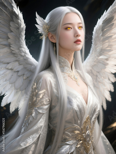 Elegant Angelic Figure with Golden Armor and Ethereal Wings