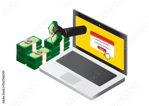 Illustration of a hacker retrieving cash from a computer screen while entering a login in a cyber theft scenario