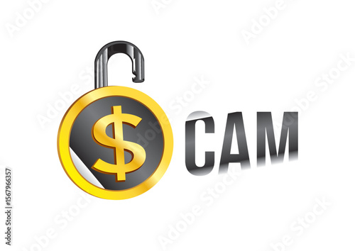 Illustration of an open padlock with a dollar sign and the word "SCAM" representing online security breaches
