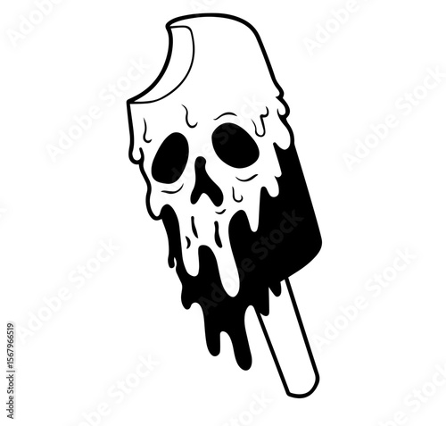 Melting ice cream with skull face, combining horror and surrealism in a dark art style, decay, irony, and grotesque transformation, creepy food, Halloween themes, horror-inspired sticker