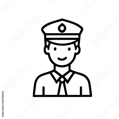 Line drawing of a smiling man wearing a uniform hat, shirt, and tie.