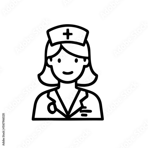 Simple line drawing of a friendly female nurse in uniform.