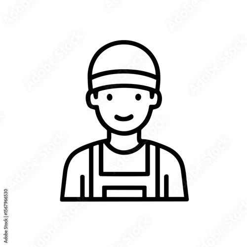 Happy worker wearing a beanie and overalls, smiling, simple line art icon.