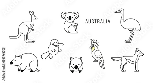 Vector australia wildlife animals vector illustration featuring kangaroo koala emu platypus wombat dingo cockatoo