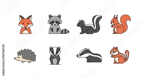 Vector cartoon forest animals vector illustration: fox, raccoon, skunk, squirrel, hedgehog, badger, chipmunk