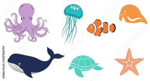 Vector ocean life illustration featuring octopus jellyfish clownfish dolphin whale turtle and starfish art design