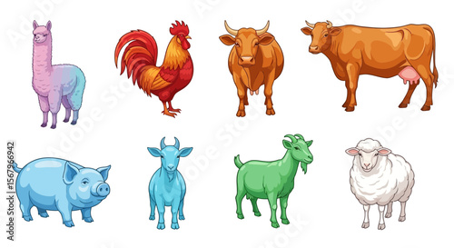 Vector cartoon farm animals vector illustration featuring cow goat pig sheep rooster and llama graphic design 100