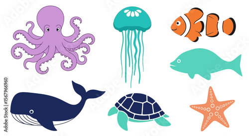 Vector ocean animals illustration featuring octopus jellyfish clownfish whale turtle and starfish vector art