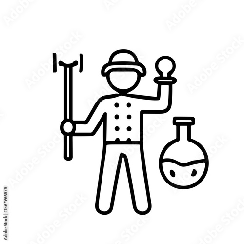 A stylized illustration of a person holding tools and a flask, potentially a scientist or craftsman.