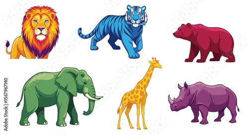 Vector illustration of colorful wild animals lion tiger bear elephant giraffe rhinoceros for kids learning