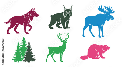 Vector wildlife vector illustration featuring wolf, lynx, moose, deer, beaver, and pine trees silhouette design