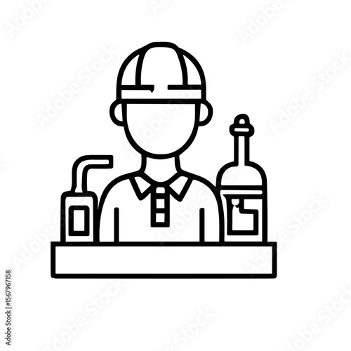 A worker in a polo shirt, hard hat, and with fuel and a bottle, likely a bartender or technician.