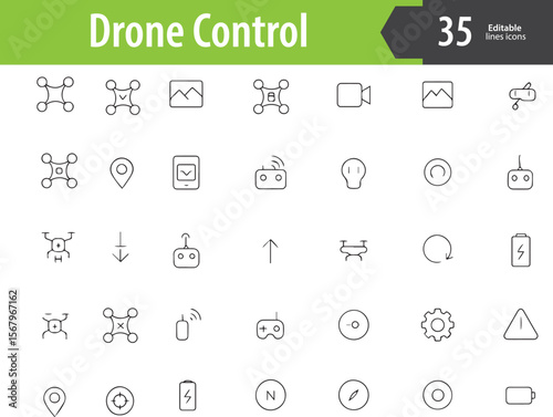 Drone Control Line Icons, Remote Control, GPS Tracking, Camera Angle, Flight Path, Signal Strength, Editable Formats: AI, EPS, PNG, JPG, Ideal for Both Digital and Print Use
