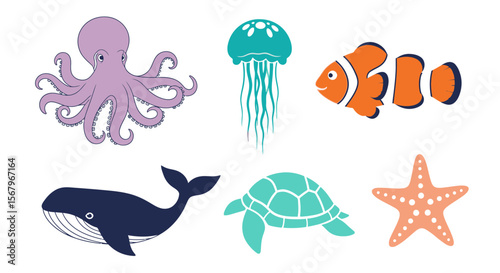 Vector ocean animals illustration featuring octopus jellyfish clownfish whale turtle and starfish vector design