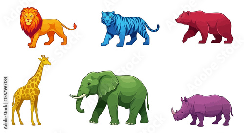 Vector cartoon illustration of wildlife animals lion tiger bear giraffe elephant rhino for kids education design
