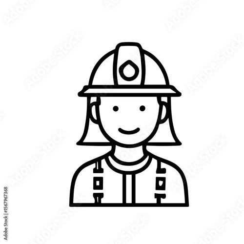 Simple line drawing of a smiling female firefighter wearing a helmet and uniform.