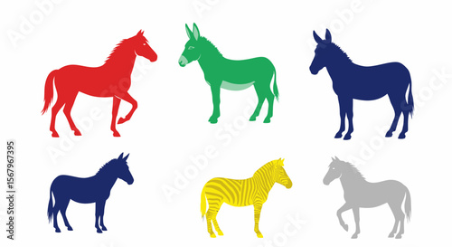 Vector colorful horse donkey zebra silhouettes vector illustration animal art design graphic template for kids 100