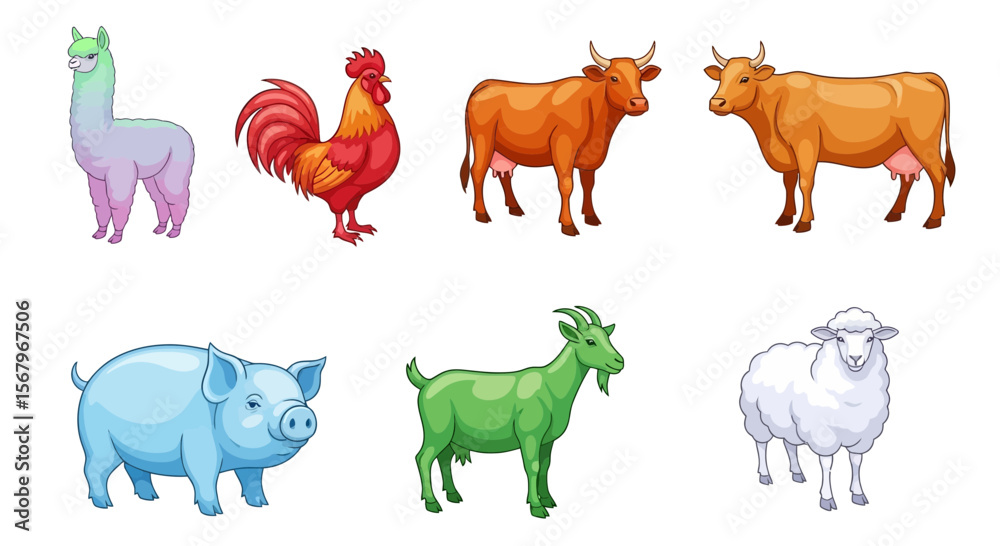 Obraz premium Vector farm animals illustration vector art featuring cow pig sheep goat rooster and llama livestock drawing set