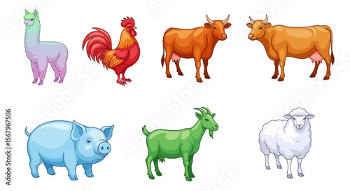 Vector farm animals illustration vector art featuring cow pig sheep goat rooster and llama livestock drawing set