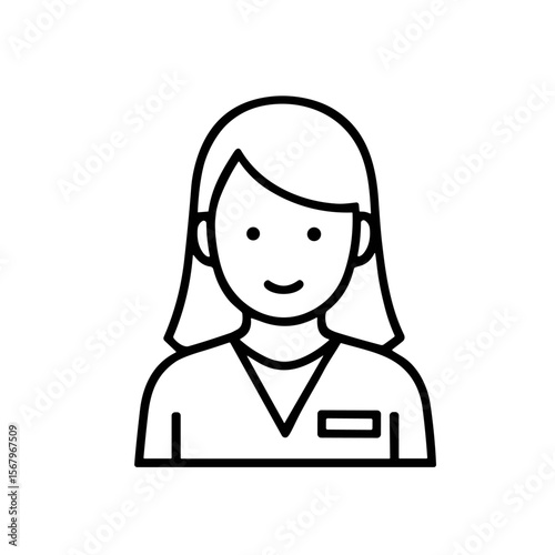 Line drawing of a woman with short hair wearing a collared shirt and name tag, facing forward.