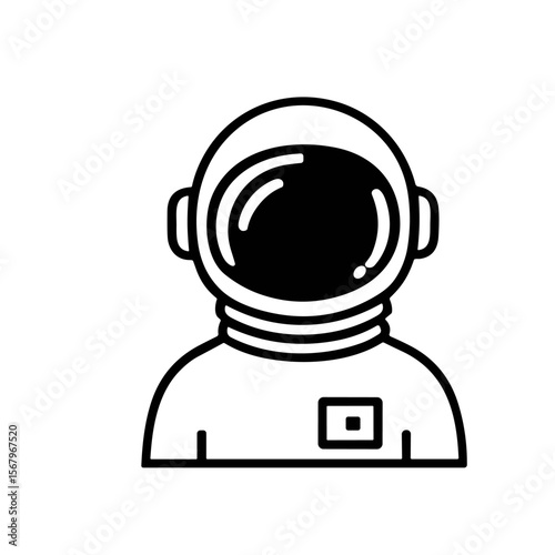 A minimalist black and white illustration of an astronaut wearing a spacesuit and helmet, facing forward.