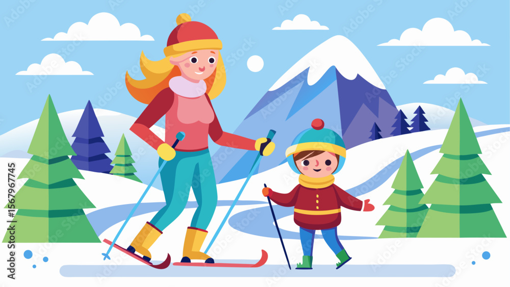 Fototapeta premium Mother and child skiing in snowy mountain landscape with pine trees in cartoon flat winter style