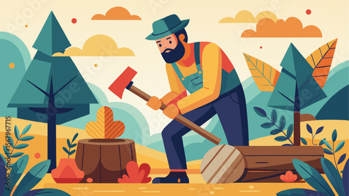 Bearded man chopping wood in colorful autumn forest with axe near tree stump in flat cartoon illustration