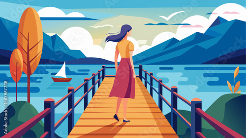 Woman standing on wooden pier looking at mountains and sailboat on lake in cartoon flat style