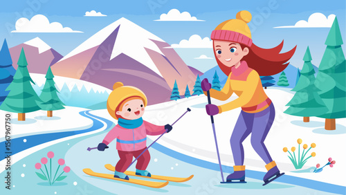 Mother and child skiing together on snowy trail in mountain forest during winter in cartoon flat style