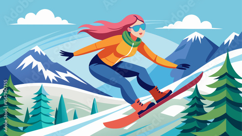 Woman snowboarding down snowy mountain slope surrounded by pine trees in cartoon flat winter style