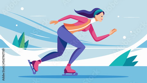Woman ice skating at high speed on outdoor rink in winter landscape in cartoon flat style