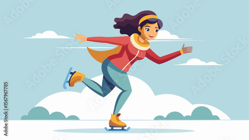 Happy woman ice skating on outdoor rink with scarf flying in the wind in cartoon flat winter style