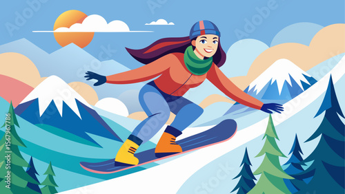 Happy woman snowboarding down snowy mountain surrounded by pine trees under sunny sky in cartoon flat style