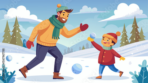 Father and son playing with snowballs in winter forest with snowy hills and trees in cartoon flat style
