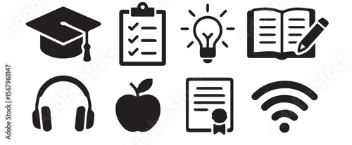 Education icons for learning, research, and achievement