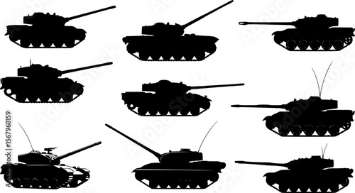several battle tanks silhouettes, tanks with long cannons, tanks in monotone, image in black and white, vector illustration