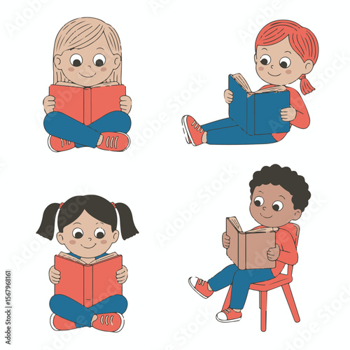 Adorable Children Enjoying Reading Books Diverse Illustrations