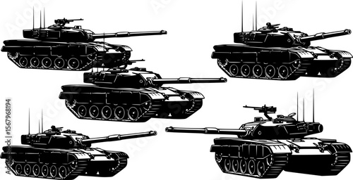 several battle tanks silhouettes, tanks with long cannons, tanks in monotone, image in black and white, vector illustration