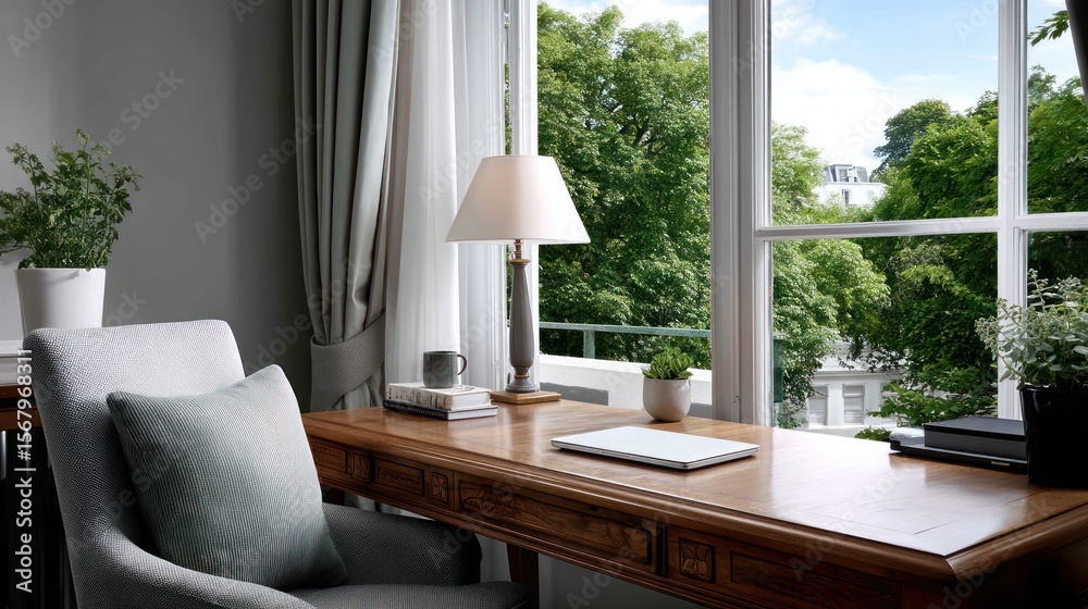 Fototapeta premium Elegant, light-filled study nook with a view