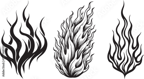 Flames and fire, acid neo tribal shapes, y2k elements and abstract illustrations in gothic style, gothic and acid tattoos and print templates. vector eps
