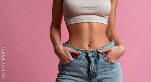 Close up of a fit woman showing her perfect abs after weight loss diet, liposuction and abdominoplasty surgery, isolated on pink background