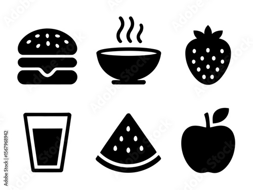 Icons of Popular Food and Drinks. Burger, Soup, Strawberry, Glass, Watermelon, and Apple