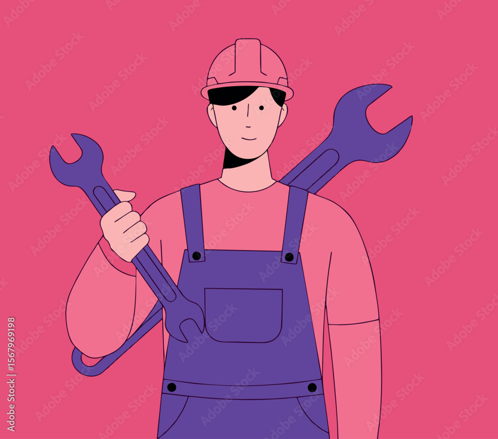 Homem mecânico com luvas e ferramentas, estilo vibrante e vetorial.