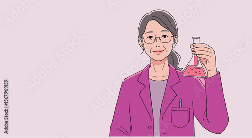 Professional female researcher conducting experiment, vector illustration of scientific woman in lab coat.