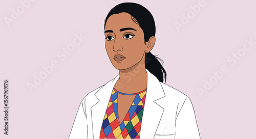 Female scientist holding a laboratory flask with a pink chemical, wearing a lab coat and glasses, isolated on light background.