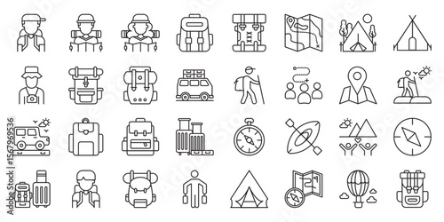 Adventure Backpacking Journeys set of web icons in line style. adventure backpacking, backpacking trip, adventure travel and hiking journey. Vector illustration.