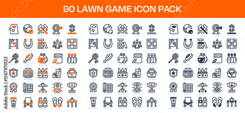 90 Lawn Game Icons in 3 Styles (Line, Solid, Two-Tone), Featuring Cornhole, Bocce Ball, Checkers, and More – Vector Illustrations