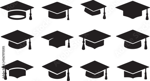 Isolated vector icons of academic graduation caps, diplomas, and hats representing success in university education for students achieving their college degrees