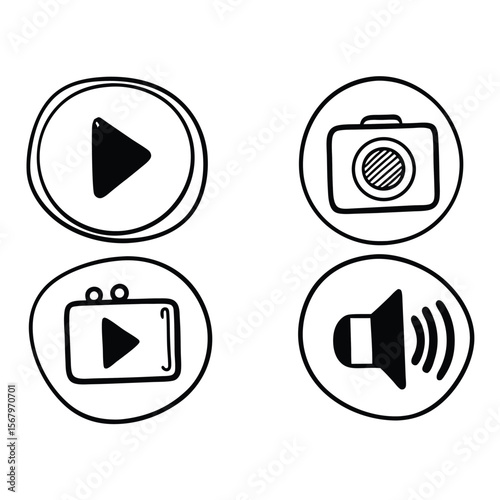 Collection of essential multimedia play pause and volume control icons
